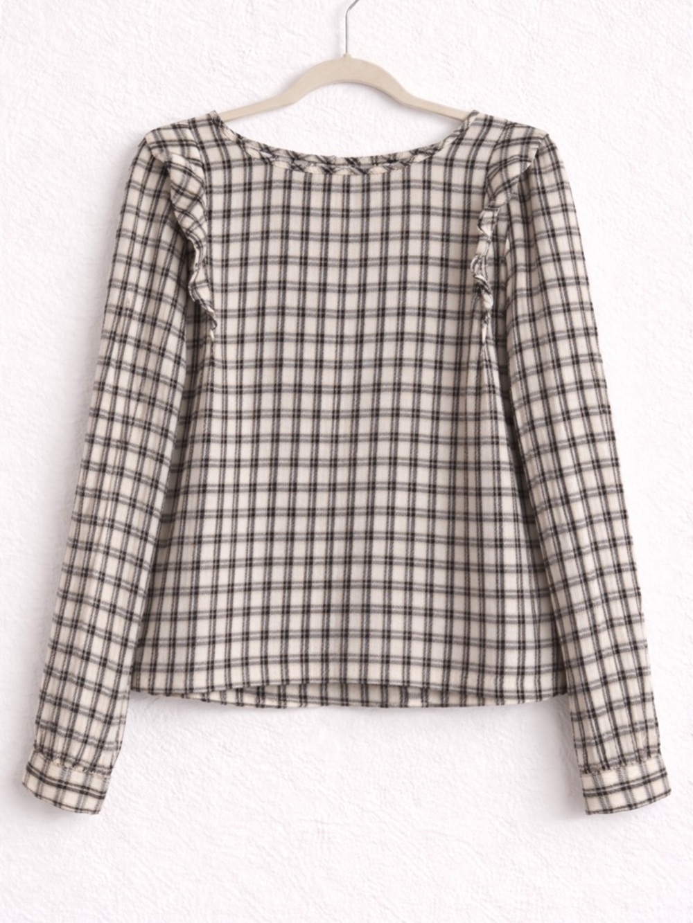 LOFT Plaid Ruffle Long Sleeve Blouse – Size XS